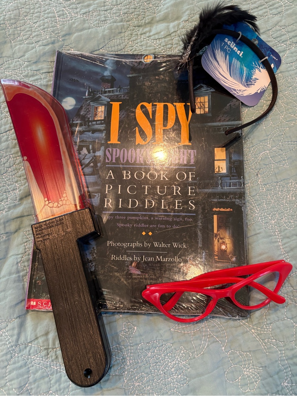 Halloween Bundle - I Spy Book, Bloody Prop Knife, Feather Headband & Red Glasses